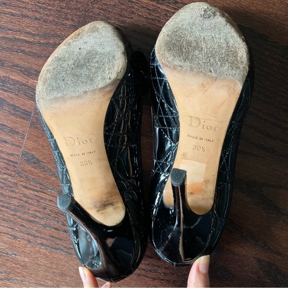 Dior Black Quilted Cannage Patent Leather Peeptoe Pumps with Bow 36.5 6.5 - Picture 6 of 6